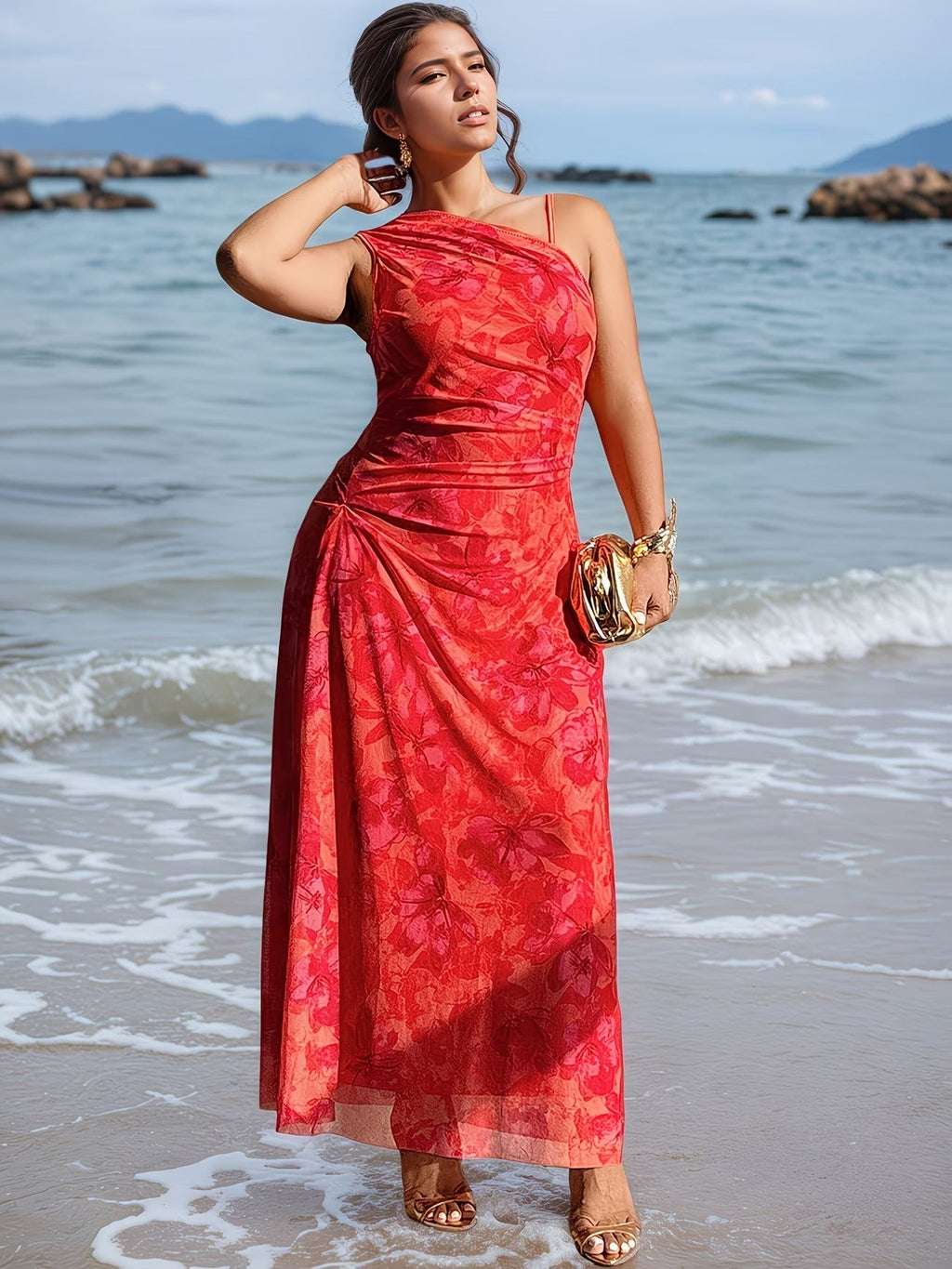 Women's Asymmetric Maxi Dress with Floral Print